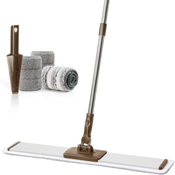Commercial Flat Microfiber Floor Mop Cleaning System 24" Inch Wet Dry and Dust Hardwood with 4 Washable Pads Cleaner for Laminate Tile Stainless Steel Handle and Extension ( Brown)