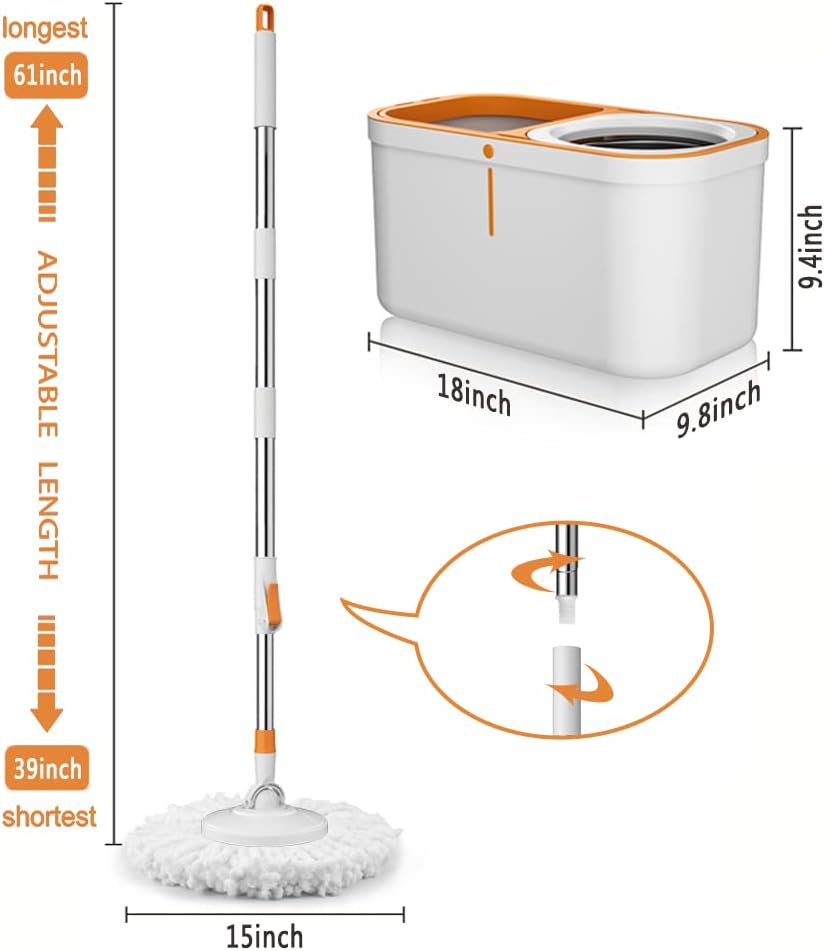Spin Mop Bucket with Wringer System Extended Mop Handle 61"Mop and Bucket for Floors Cleaning with 5 Replacement Head Refill 1 Cleaning Brush Head - Image 2