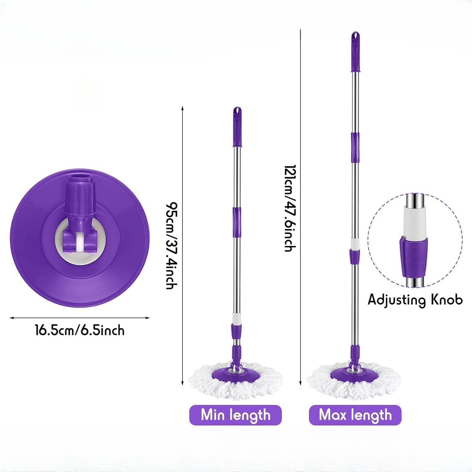 Spin Mop Replacement Mop Handle, 47.6-inch 360 Degrees Rotating Telescopic Replacement Mop Stick with Robust Reinforced Plastic Disc for Spin Mop Bucket Cleaning System (Plastic Disc,Purple) - Image 2
