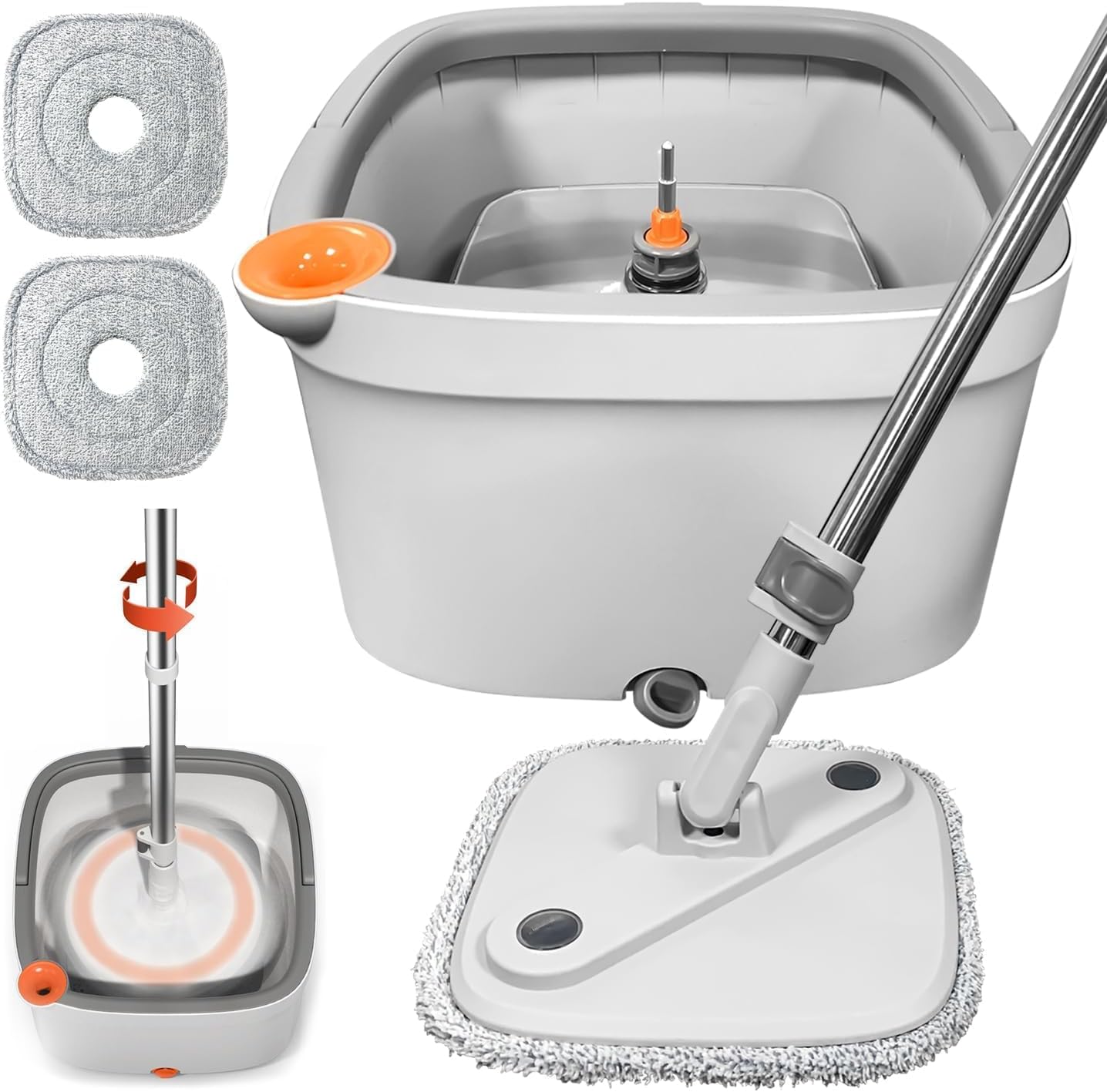 Spin Mop and Bucket with M16 Self Separation Dirty and Clean Water System with 2Pads