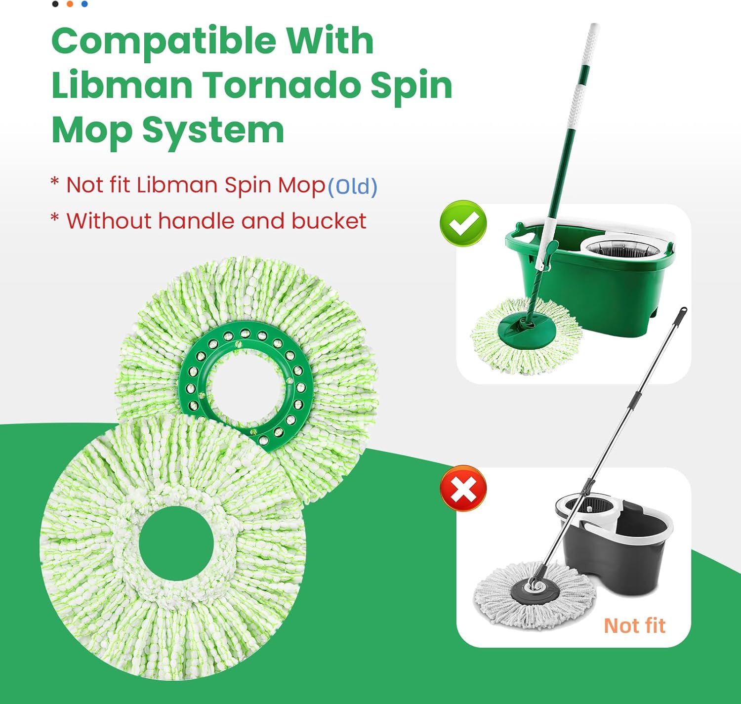 3 Pack Spin Mop Replacement Head for Spin Mop System, Large Microfiber Round Spin Mop Refills Head, 14 Inches Reusable Green Head Replacement (ONLY Mop Heads) - Image 2