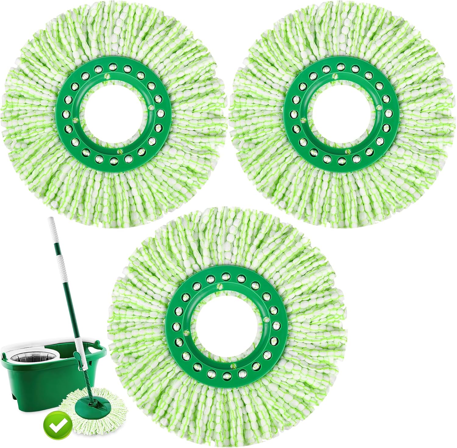 3 Pack Spin Mop Replacement Head for Spin Mop System, Large Microfiber Round Spin Mop Refills Head, 14 Inches Reusable Green Head Replacement (ONLY Mop Heads)